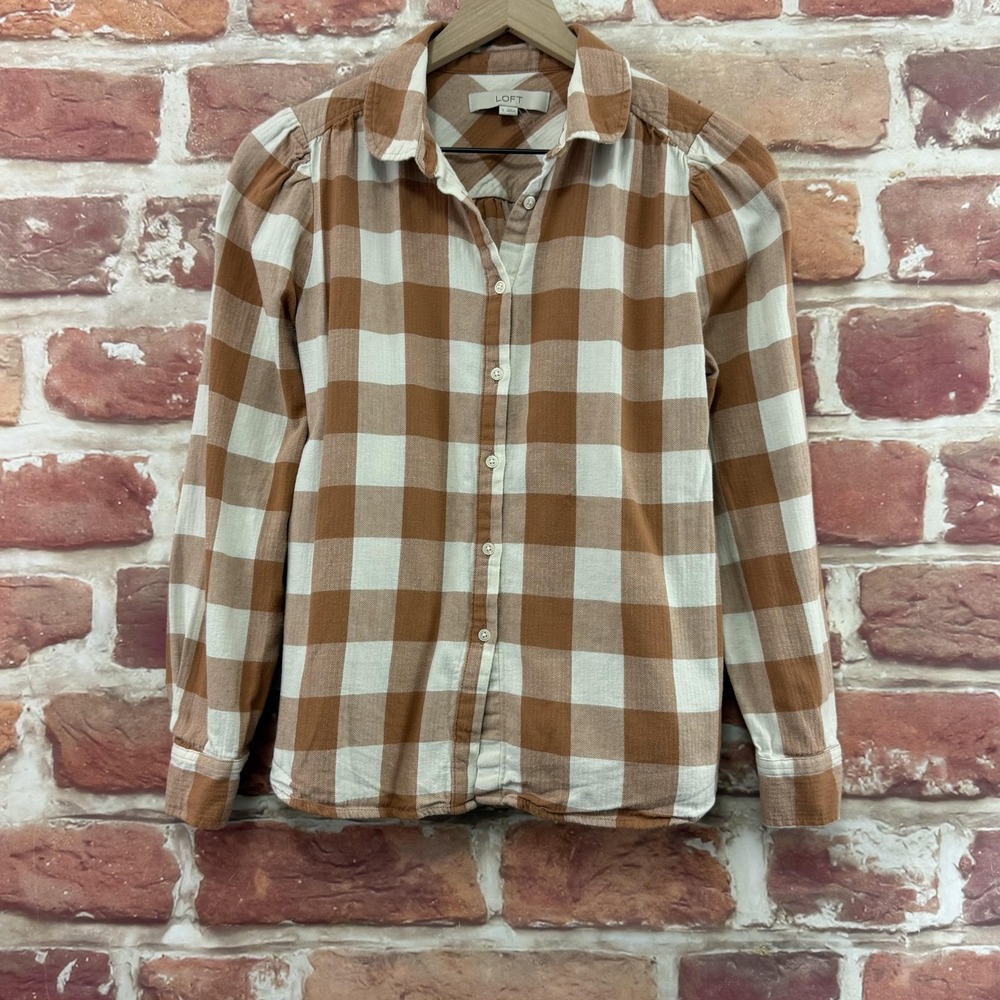 Ann Taylor Top Women's Small Brown White Buffalo Plaid Casual Career Shirt